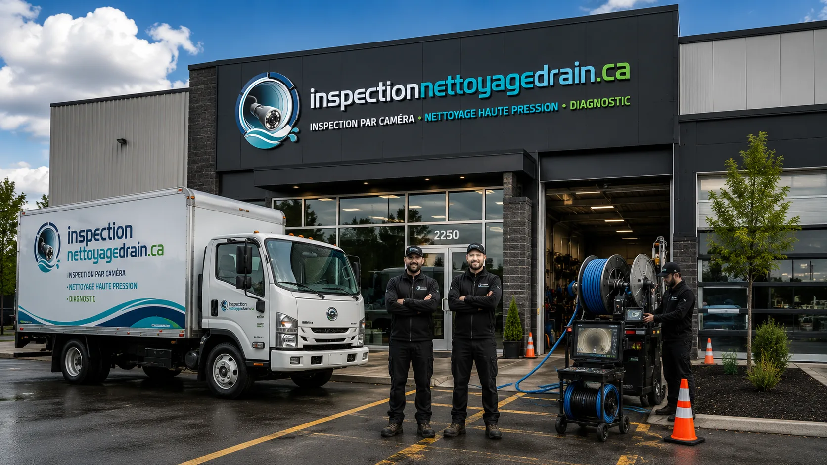 Façade d'une entreprise d'inspection et de nettoyage de drains avec camion et dévidoirs