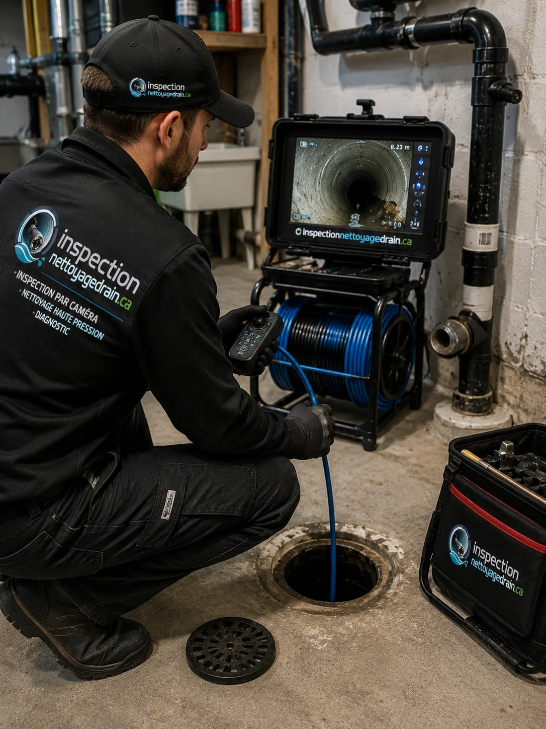 Technicien inspectant un drain de plancher de sous-sol à la caméra